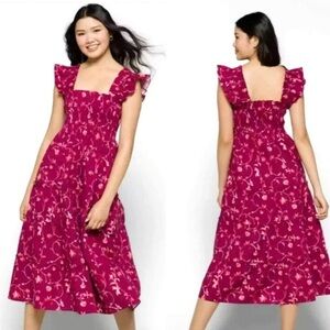 Hill House Ellie Nap Dress Burgundy botanical poplin size S